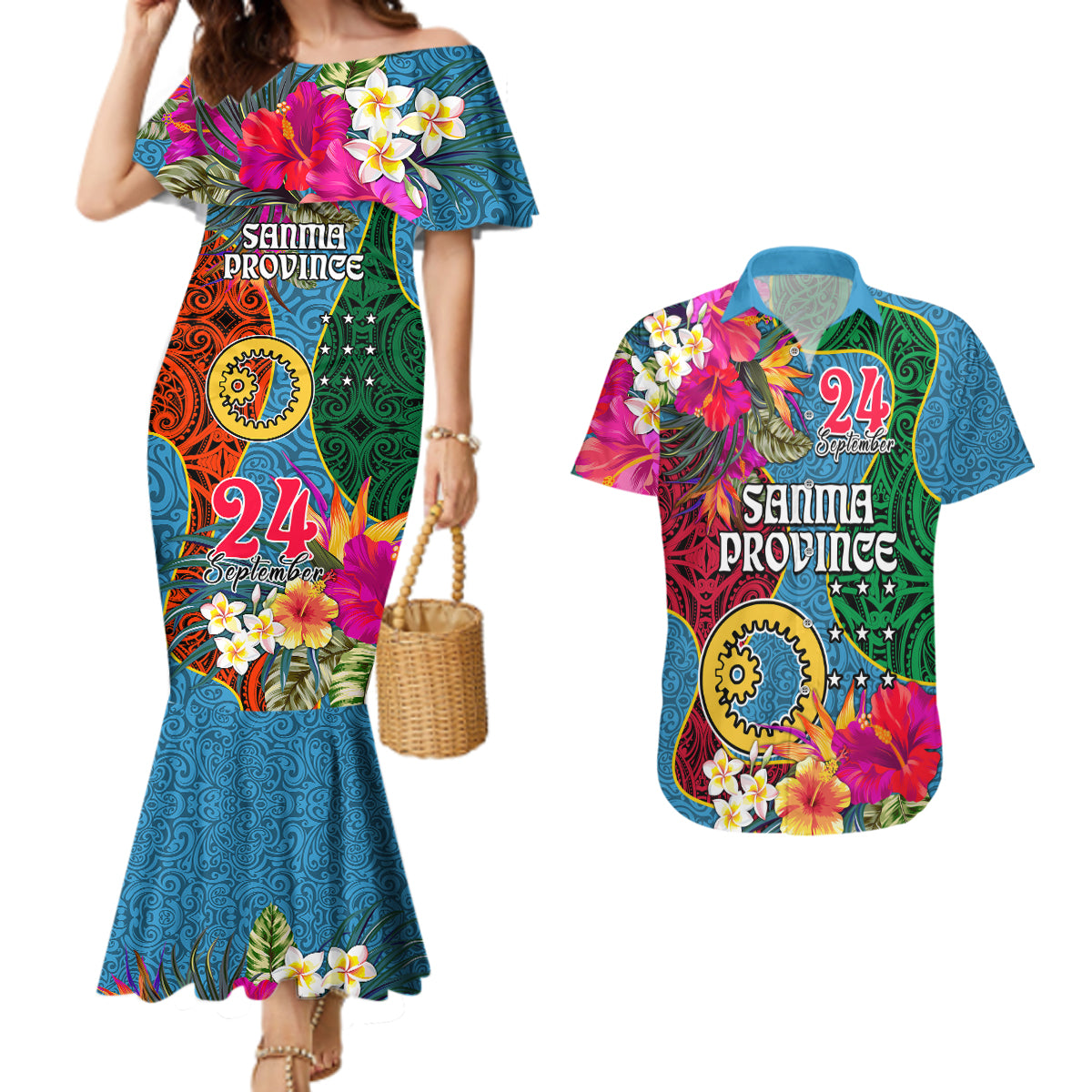 Personalised Sanma Day Couples Matching Mermaid Dress and Hawaiian Shirt Proud To Be A Ni-Van Beauty Pacific Flower LT03 Blue - Polynesian Pride