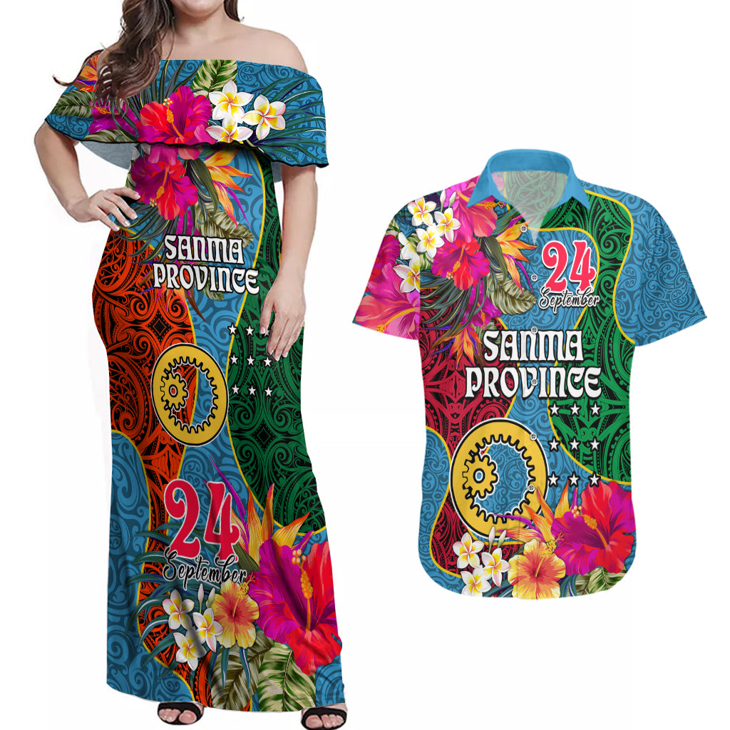 Personalised Sanma Day Couples Matching Off Shoulder Maxi Dress and Hawaiian Shirt Proud To Be A Ni-Van Beauty Pacific Flower LT03 Blue - Polynesian Pride