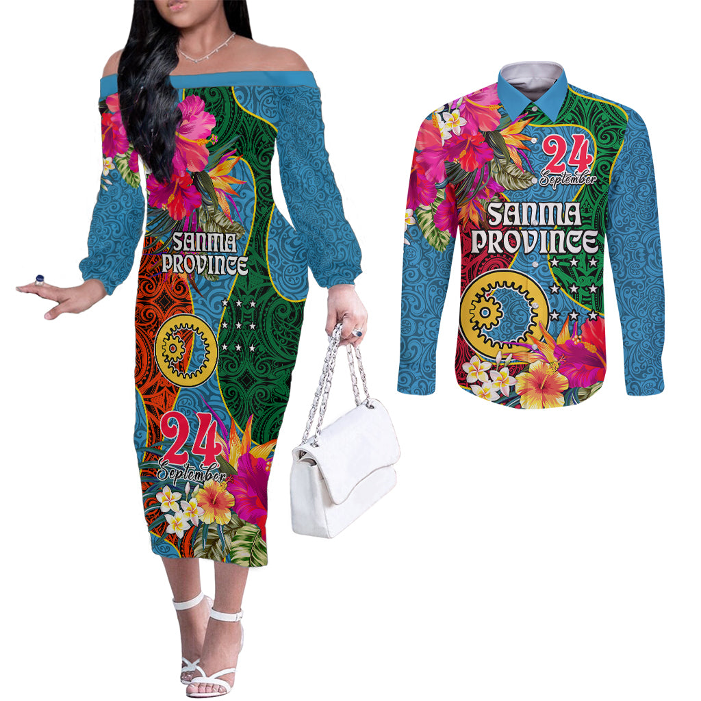 Personalised Sanma Day Couples Matching Off The Shoulder Long Sleeve Dress and Long Sleeve Button Shirts Proud To Be A Ni-Van Beauty Pacific Flower LT03 Blue - Polynesian Pride