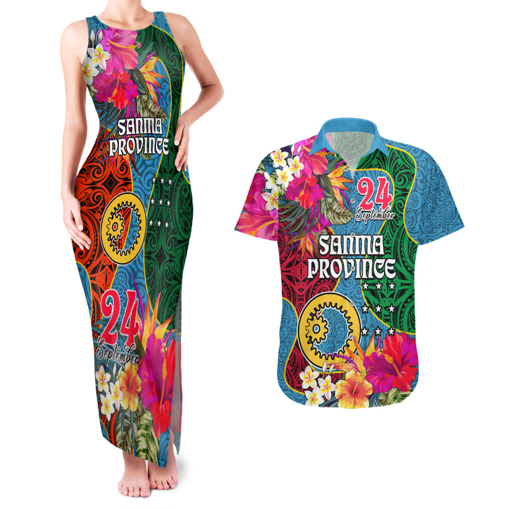 Personalised Sanma Day Couples Matching Tank Maxi Dress and Hawaiian Shirt Proud To Be A Ni-Van Beauty Pacific Flower LT03 Blue - Polynesian Pride