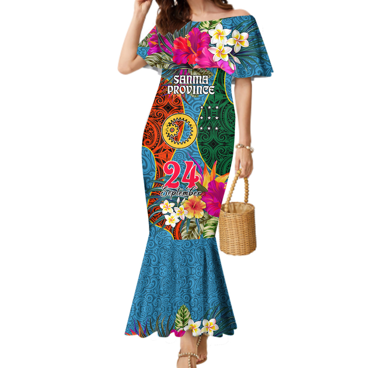 Personalised Sanma Day Mermaid Dress Proud To Be A Ni-Van Beauty Pacific Flower LT03 Women Blue - Polynesian Pride