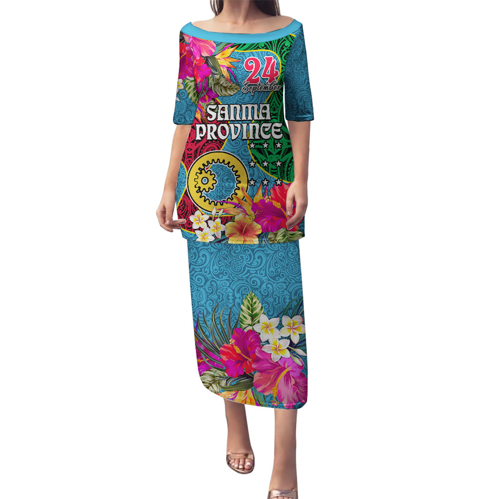 Personalised Sanma Day Puletasi Proud To Be A Ni-Van Beauty Pacific Flower LT03 Long Dress Blue - Polynesian Pride