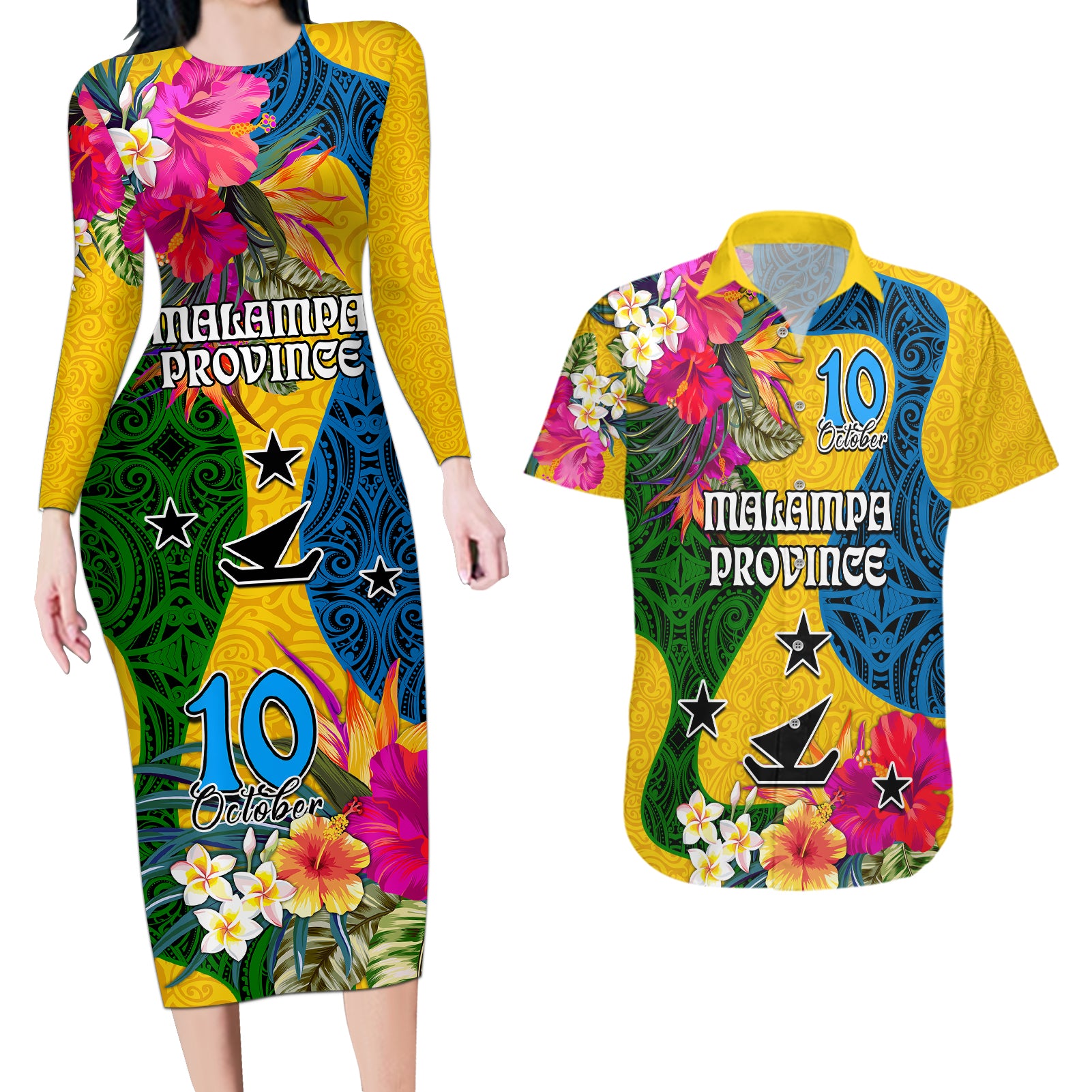 Malampa Day Couples Matching Long Sleeve Bodycon Dress and Hawaiian Shirt Proud To Be A Ni-Van Beauty Pacific Flower LT03 Yellow - Polynesian Pride