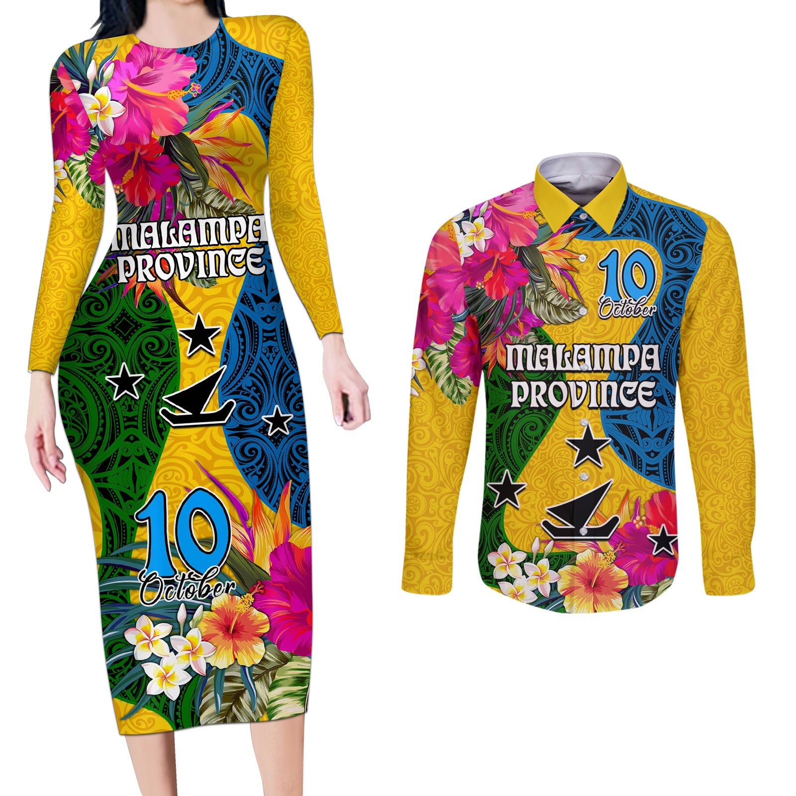 Malampa Day Couples Matching Long Sleeve Bodycon Dress and Long Sleeve Button Shirts Proud To Be A Ni-Van Beauty Pacific Flower LT03 Yellow - Polynesian Pride