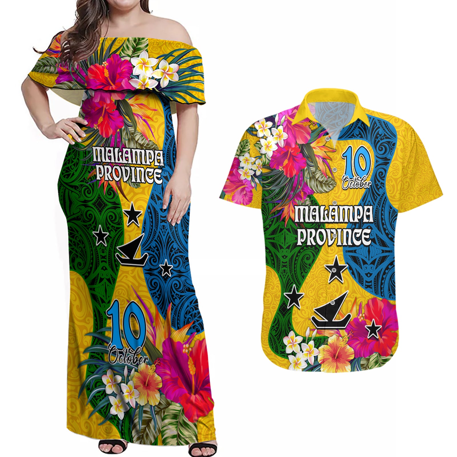 Malampa Day Couples Matching Off Shoulder Maxi Dress and Hawaiian Shirt Proud To Be A Ni-Van Beauty Pacific Flower LT03 Yellow - Polynesian Pride