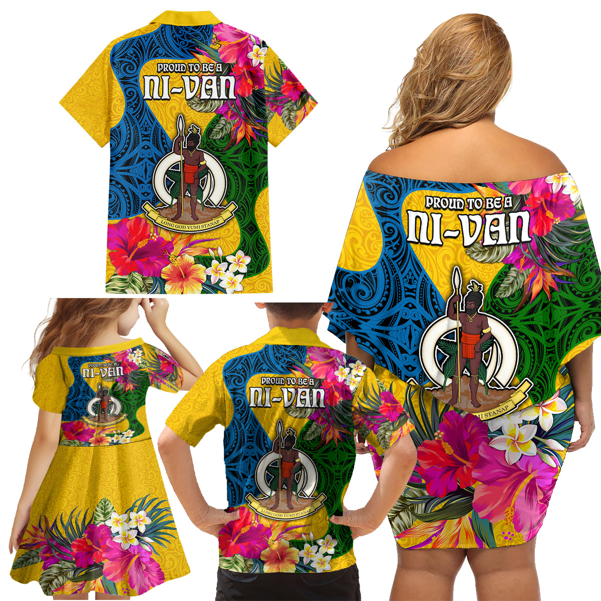 Malampa Day Family Matching Off Shoulder Short Dress and Hawaiian Shirt Proud To Be A Ni-Van Beauty Pacific Flower LT03 - Polynesian Pride