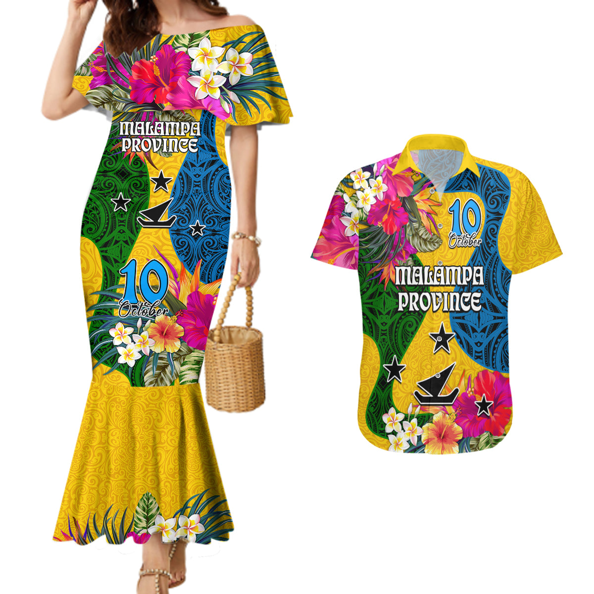 Personalised Malampa Day Couples Matching Mermaid Dress and Hawaiian Shirt Proud To Be A Ni-Van Beauty Pacific Flower LT03 Yellow - Polynesian Pride