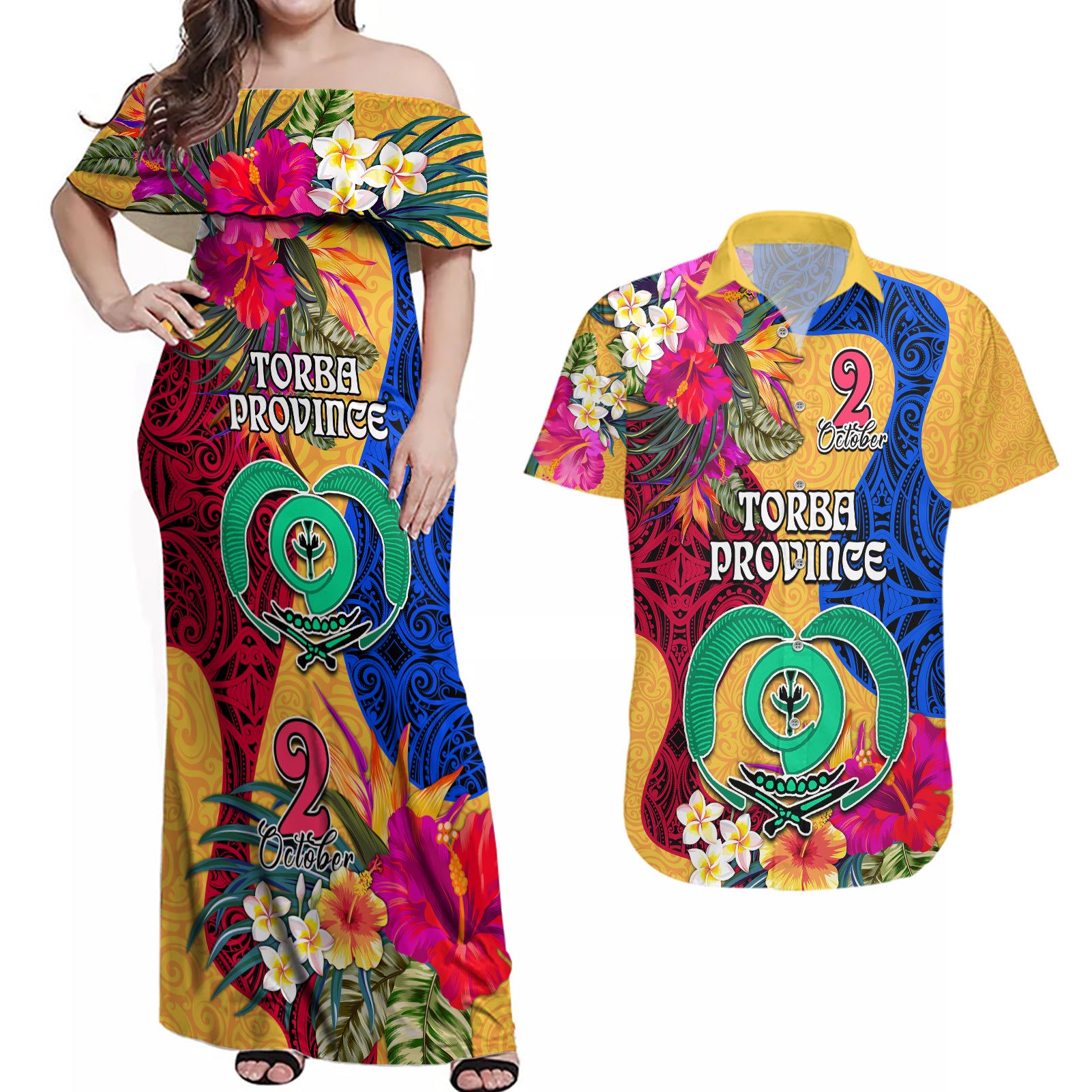 Torba Day Couples Matching Off Shoulder Maxi Dress and Hawaiian Shirt Proud To Be A Ni-Van Beauty Pacific Flower LT03 Yellow - Polynesian Pride