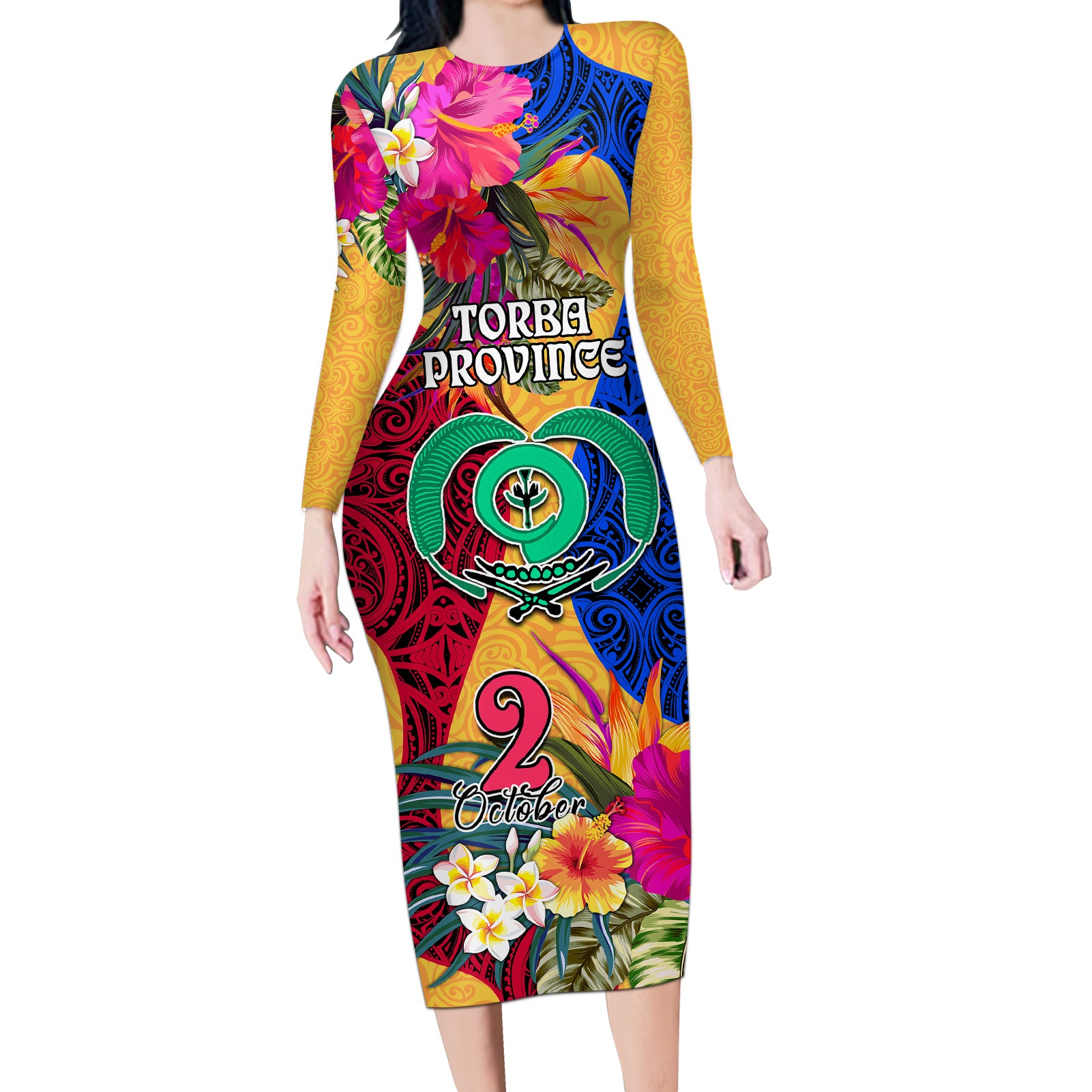 Torba Day Long Sleeve Bodycon Dress Proud To Be A Ni-Van Beauty Pacific Flower LT03 Long Dress Yellow - Polynesian Pride