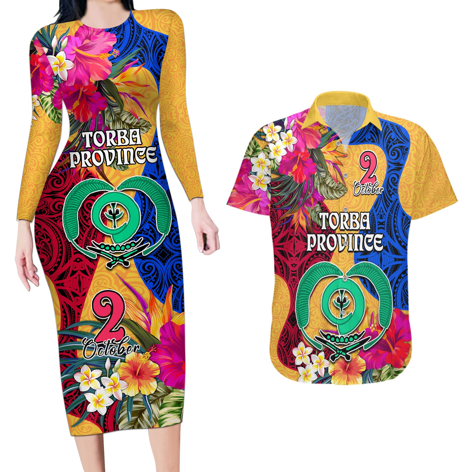 Personalised Torba Day Couples Matching Long Sleeve Bodycon Dress and Hawaiian Shirt Proud To Be A Ni-Van Beauty Pacific Flower LT03 Yellow - Polynesian Pride