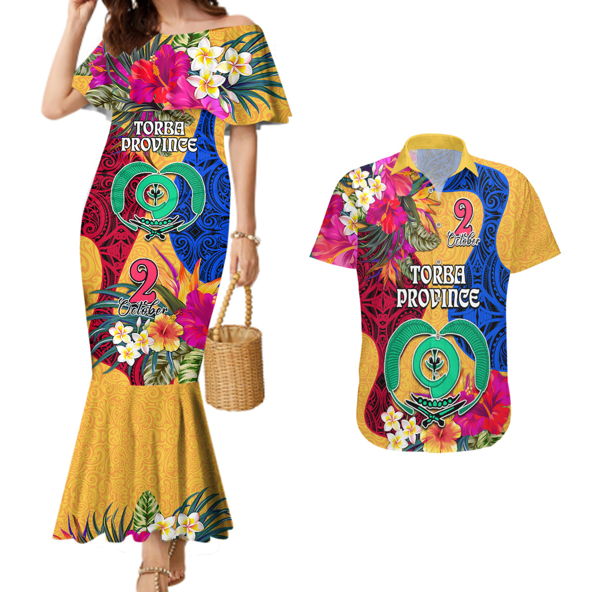 Personalised Torba Day Couples Matching Mermaid Dress and Hawaiian Shirt Proud To Be A Ni-Van Beauty Pacific Flower LT03 Yellow - Polynesian Pride