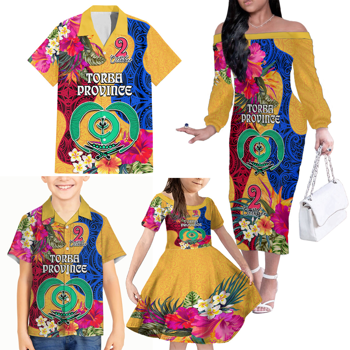 Personalised Torba Day Family Matching Off Shoulder Long Sleeve Dress and Hawaiian Shirt Proud To Be A Ni-Van Beauty Pacific Flower LT03 Yellow - Polynesian Pride