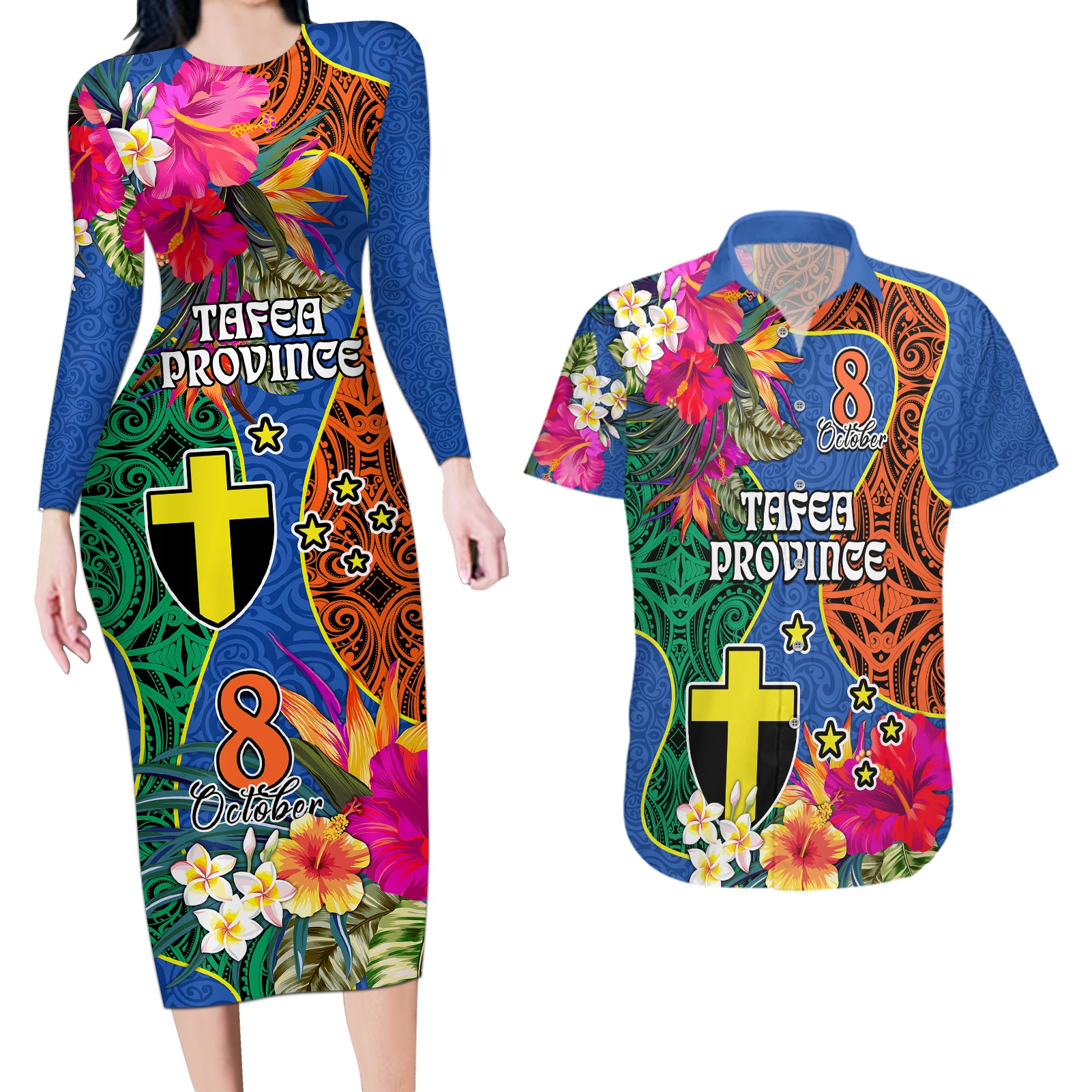 Tafea Day Couples Matching Long Sleeve Bodycon Dress and Hawaiian Shirt Proud To Be A Ni-Van Beauty Pacific Flower LT03 Blue - Polynesian Pride