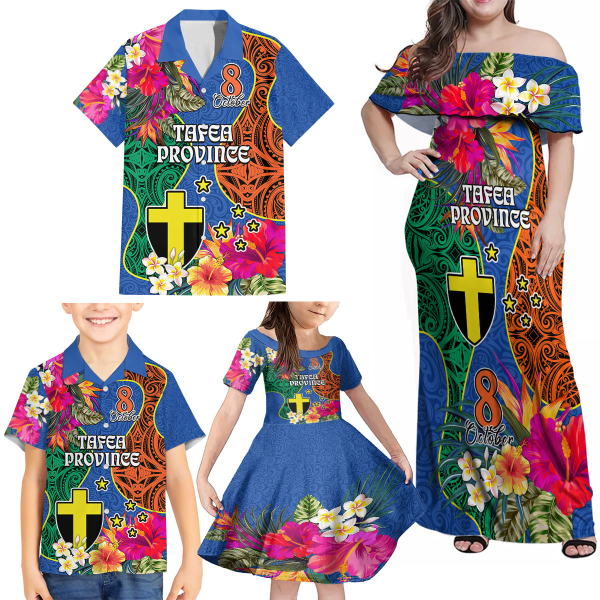 Tafea Day Family Matching Off Shoulder Maxi Dress and Hawaiian Shirt Proud To Be A Ni-Van Beauty Pacific Flower LT03 Blue - Polynesian Pride