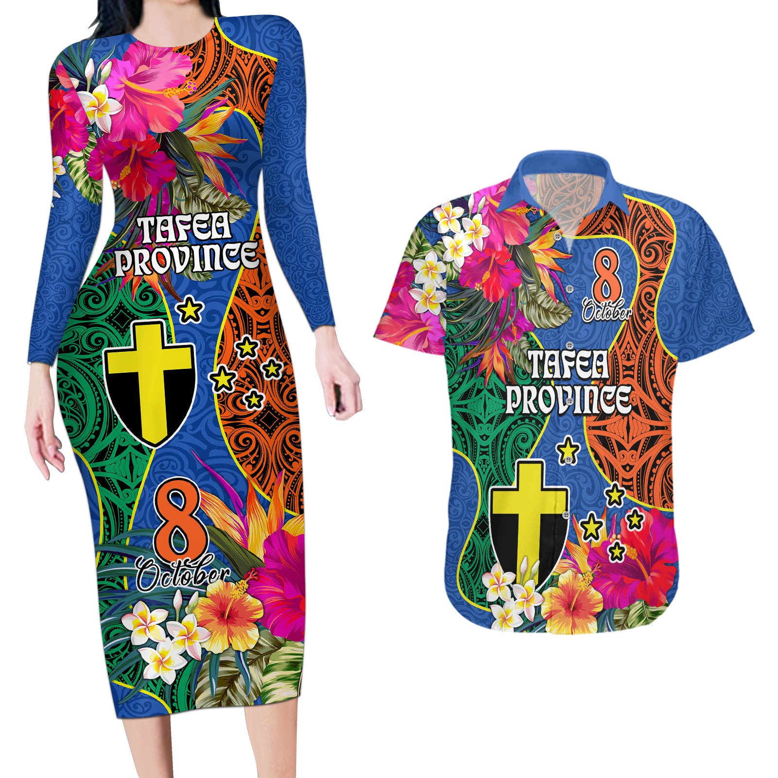 Personalised Tafea Day Couples Matching Long Sleeve Bodycon Dress and Hawaiian Shirt Proud To Be A Ni-Van Beauty Pacific Flower LT03 Blue - Polynesian Pride