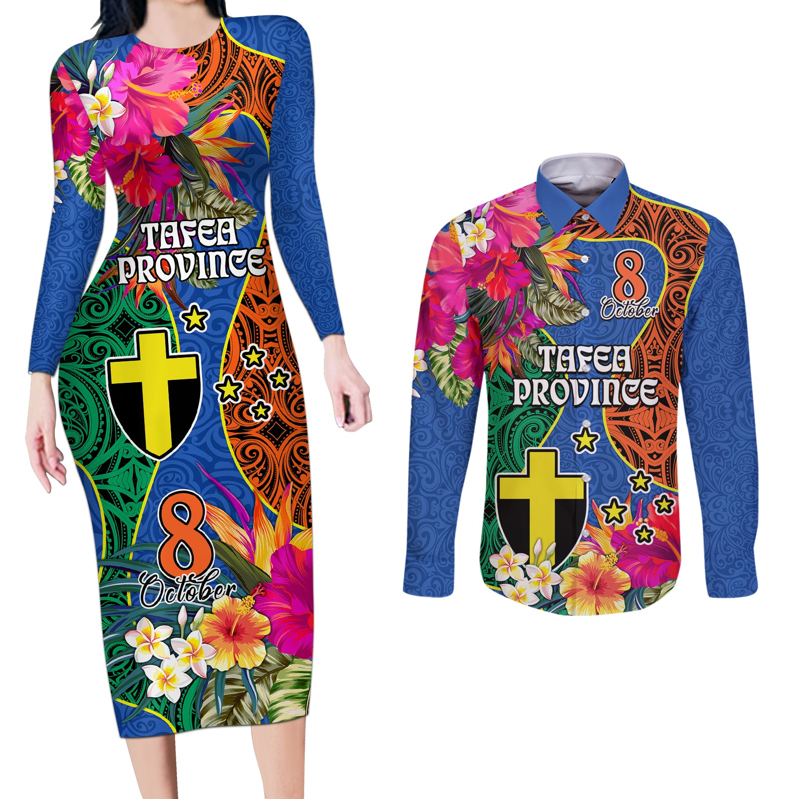 Personalised Tafea Day Couples Matching Long Sleeve Bodycon Dress and Long Sleeve Button Shirts Proud To Be A Ni-Van Beauty Pacific Flower LT03 Blue - Polynesian Pride