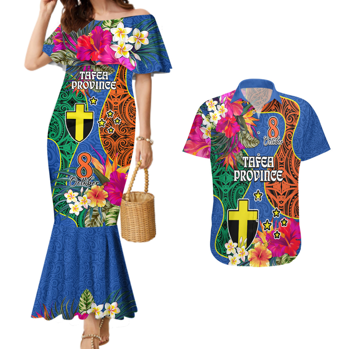 Personalised Tafea Day Couples Matching Mermaid Dress and Hawaiian Shirt Proud To Be A Ni-Van Beauty Pacific Flower LT03 Blue - Polynesian Pride