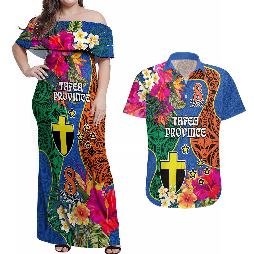 Personalised Tafea Day Couples Matching Off Shoulder Maxi Dress and Hawaiian Shirt Proud To Be A Ni-Van Beauty Pacific Flower LT03 Blue - Polynesian Pride