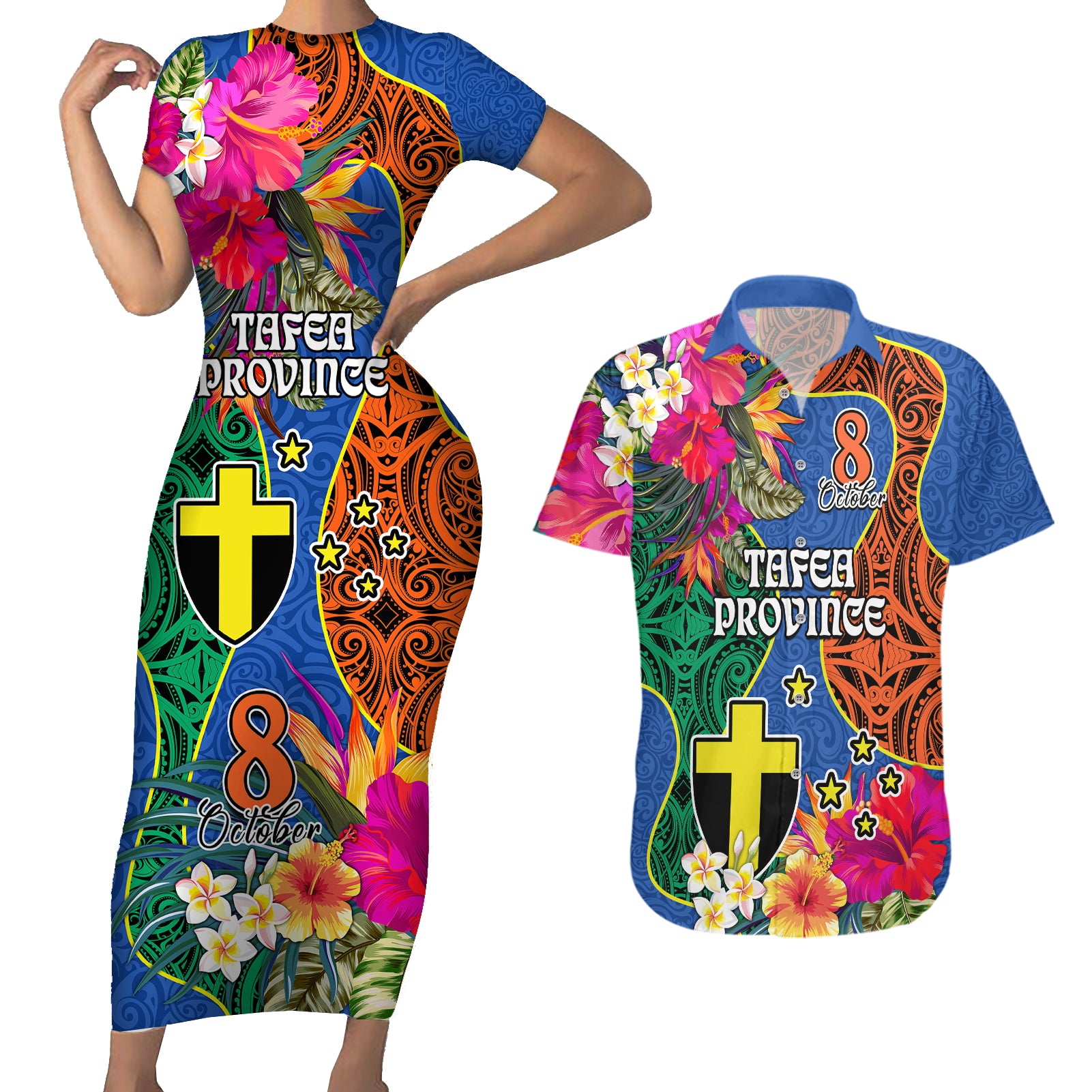 Personalised Tafea Day Couples Matching Short Sleeve Bodycon Dress and Hawaiian Shirt Proud To Be A Ni-Van Beauty Pacific Flower LT03 Blue - Polynesian Pride