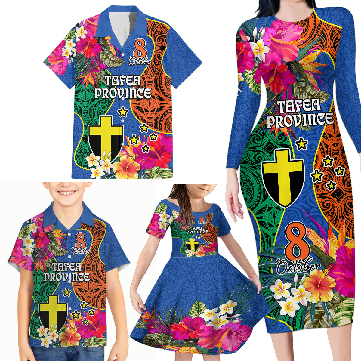 Personalised Tafea Day Family Matching Long Sleeve Bodycon Dress and Hawaiian Shirt Proud To Be A Ni-Van Beauty Pacific Flower LT03 Blue - Polynesian Pride