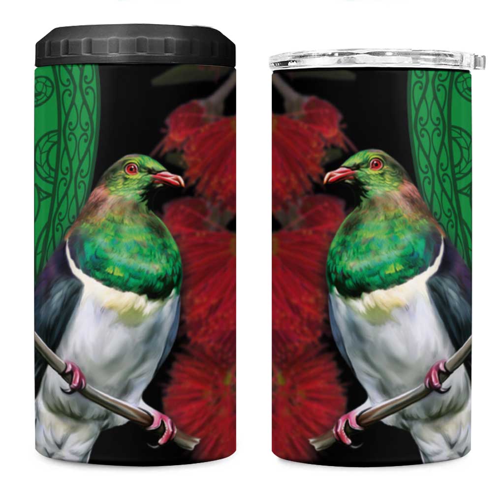 New Zealand Kereru And Pohutukawa 4 in 1 Can Cooler Tumbler Maori Tribal Tattoo