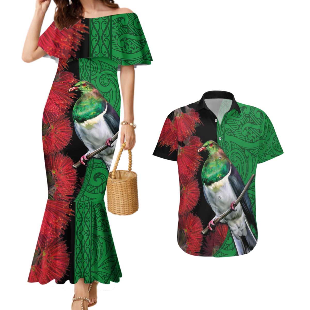 New Zealand Kereru And Pohutukawa Couples Matching Mermaid Dress and Hawaiian Shirt Maori Tribal Tattoo