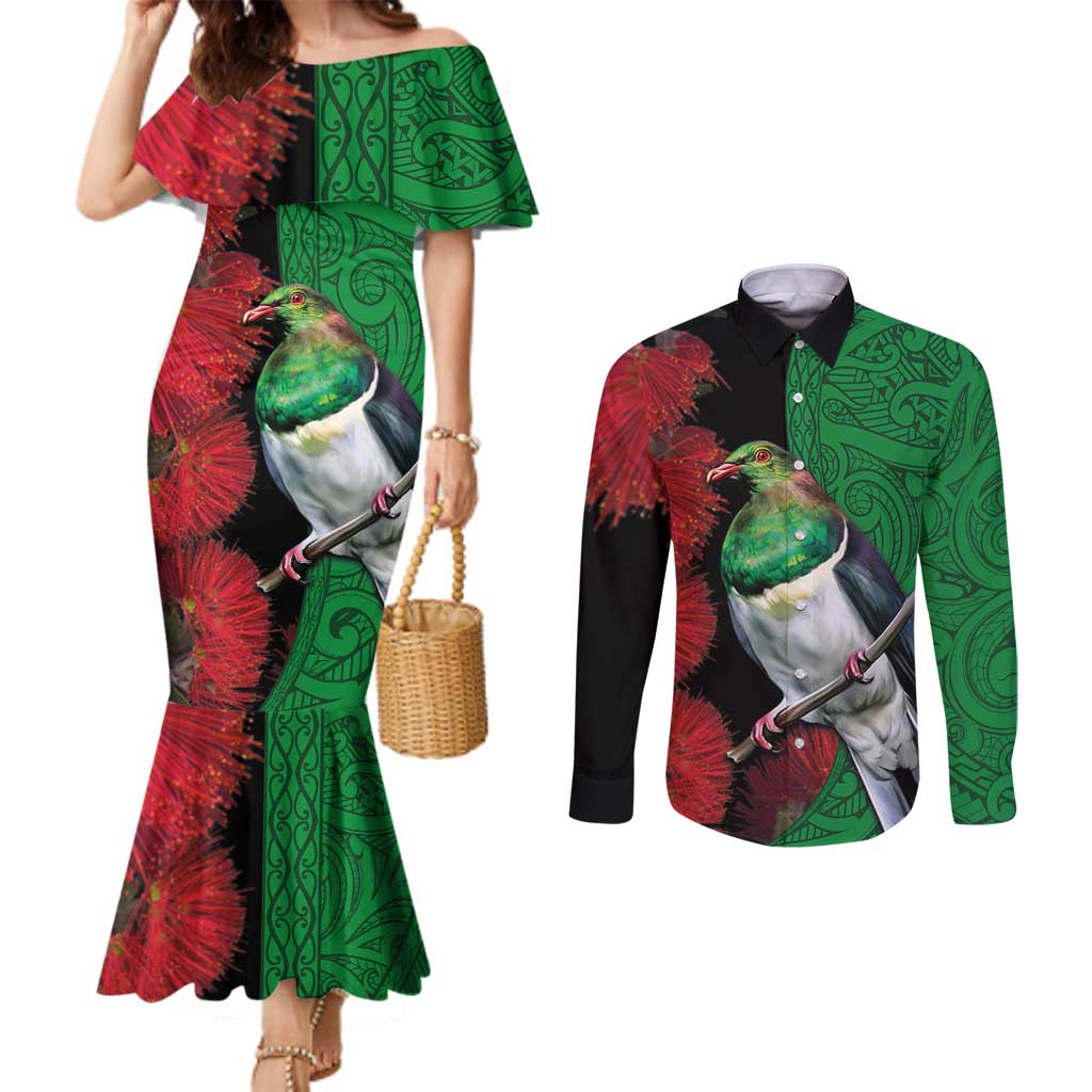 New Zealand Kereru And Pohutukawa Couples Matching Mermaid Dress and Long Sleeve Button Shirt Maori Tribal Tattoo