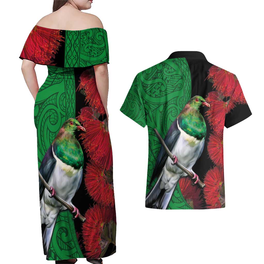 New Zealand Kereru And Pohutukawa Couples Matching Off Shoulder Maxi Dress and Hawaiian Shirt Maori Tribal Tattoo