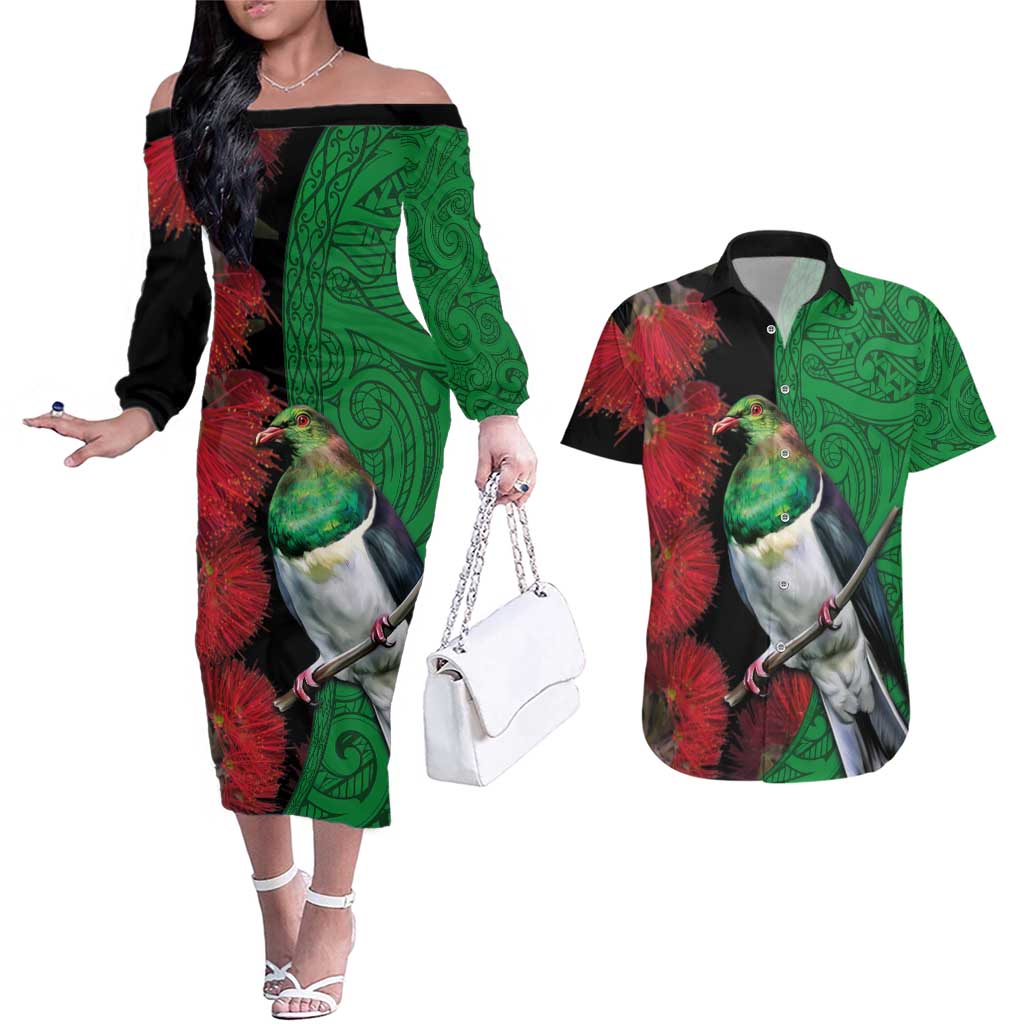 New Zealand Kereru And Pohutukawa Couples Matching Off The Shoulder Long Sleeve Dress and Hawaiian Shirt Maori Tribal Tattoo