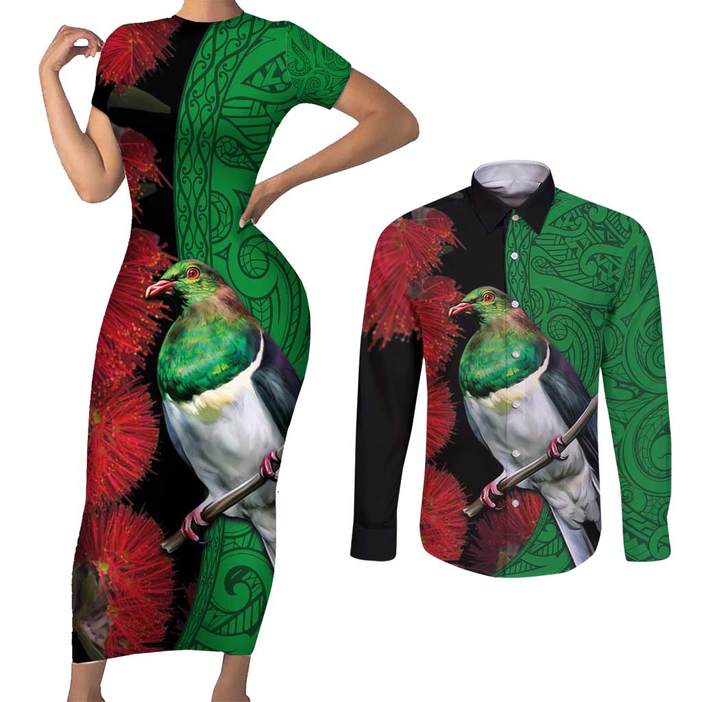 New Zealand Kereru And Pohutukawa Couples Matching Short Sleeve Bodycon Dress and Long Sleeve Button Shirt Maori Tribal Tattoo