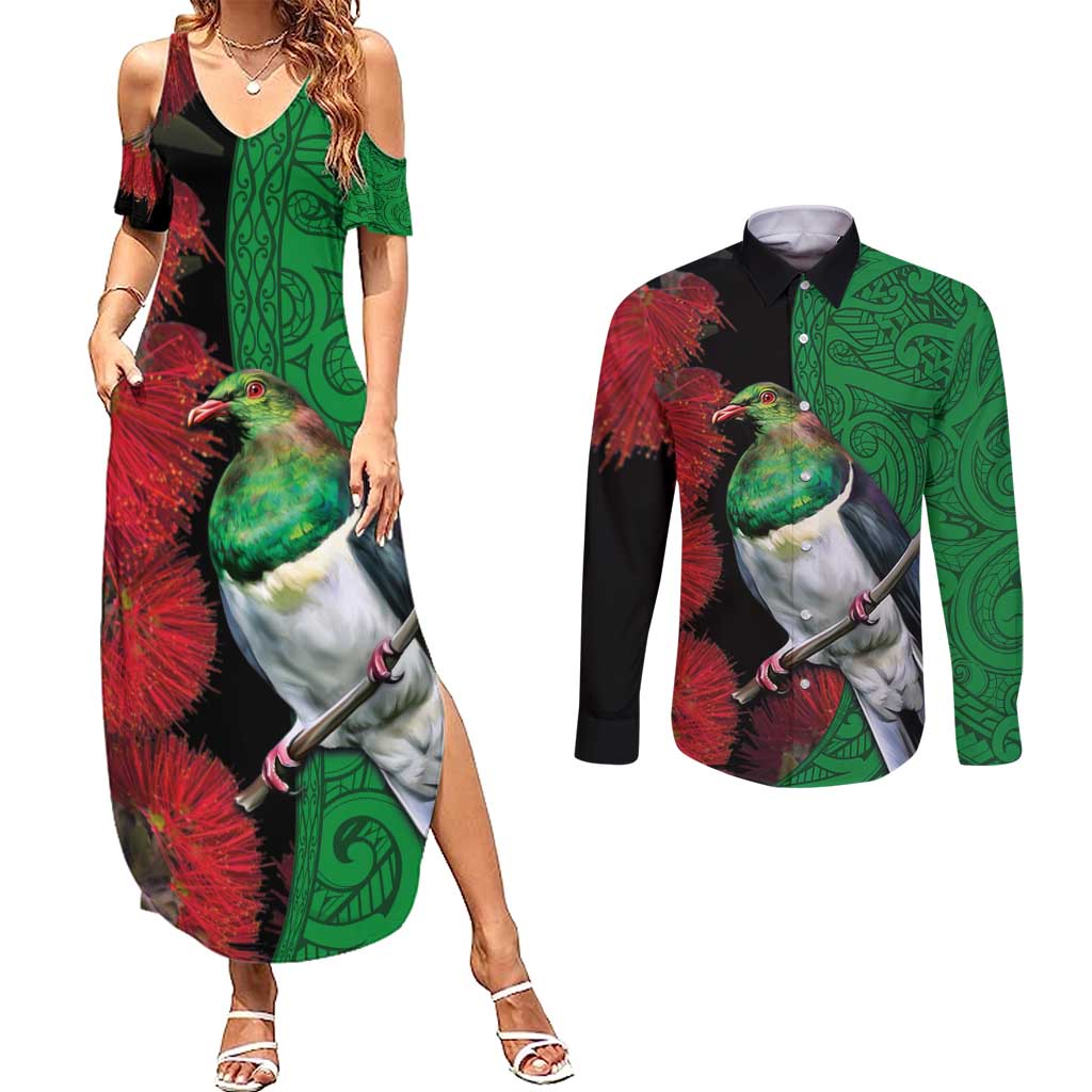 New Zealand Kereru And Pohutukawa Couples Matching Summer Maxi Dress and Long Sleeve Button Shirt Maori Tribal Tattoo