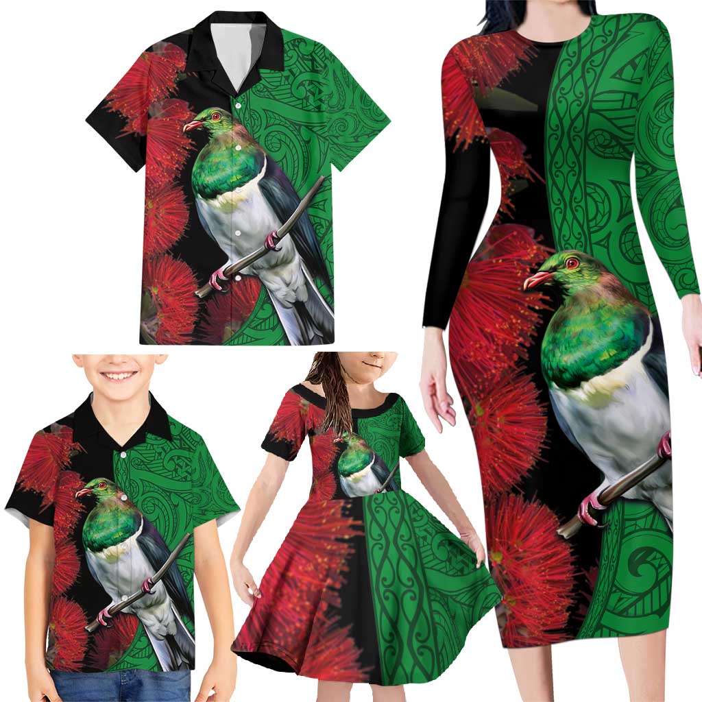 New Zealand Kereru And Pohutukawa Family Matching Long Sleeve Bodycon Dress and Hawaiian Shirt Maori Tribal Tattoo