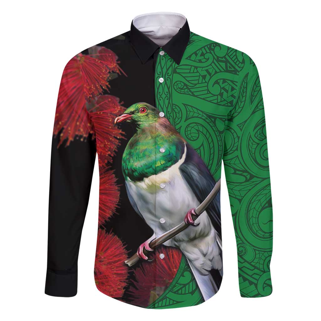 New Zealand Kereru And Pohutukawa Family Matching Long Sleeve Bodycon Dress and Hawaiian Shirt Maori Tribal Tattoo