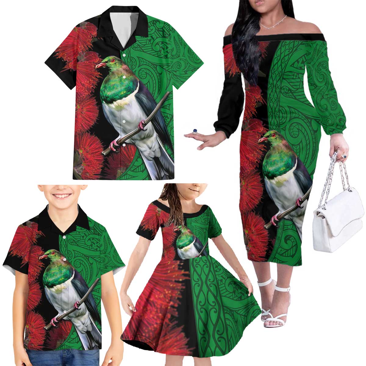 New Zealand Kereru And Pohutukawa Family Matching Off The Shoulder Long Sleeve Dress and Hawaiian Shirt Maori Tribal Tattoo