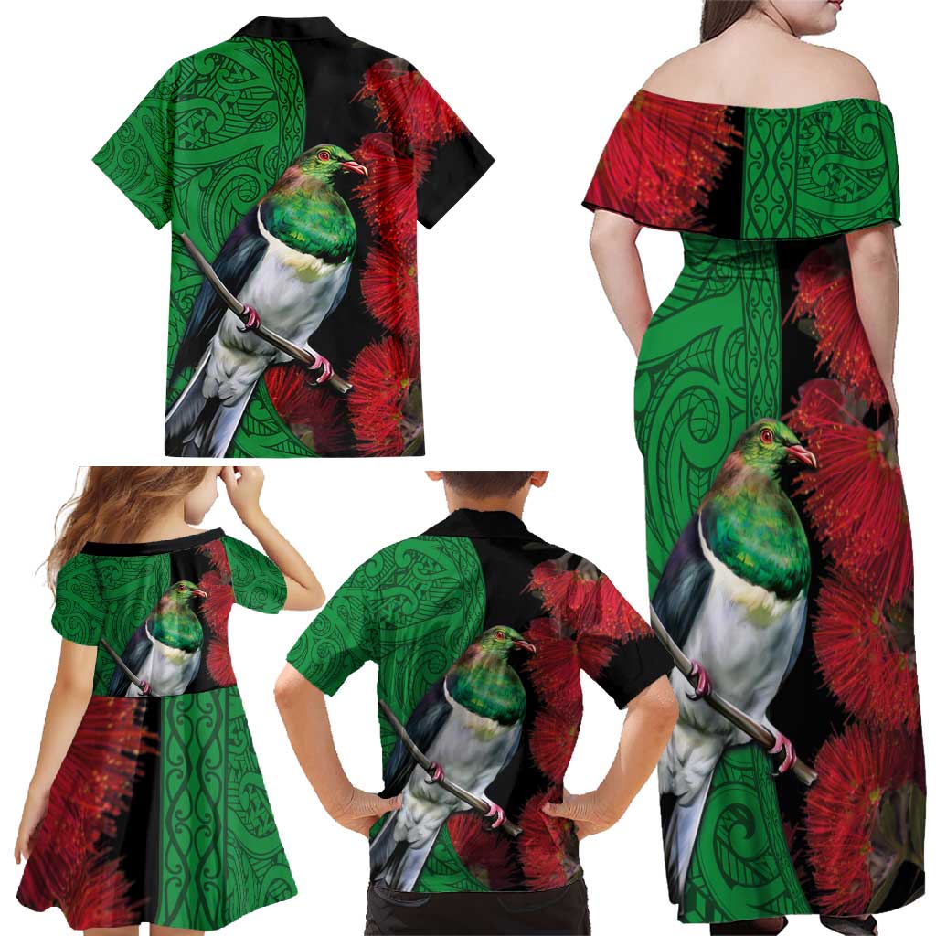 New Zealand Kereru And Pohutukawa Family Matching Off Shoulder Maxi Dress and Hawaiian Shirt Maori Tribal Tattoo