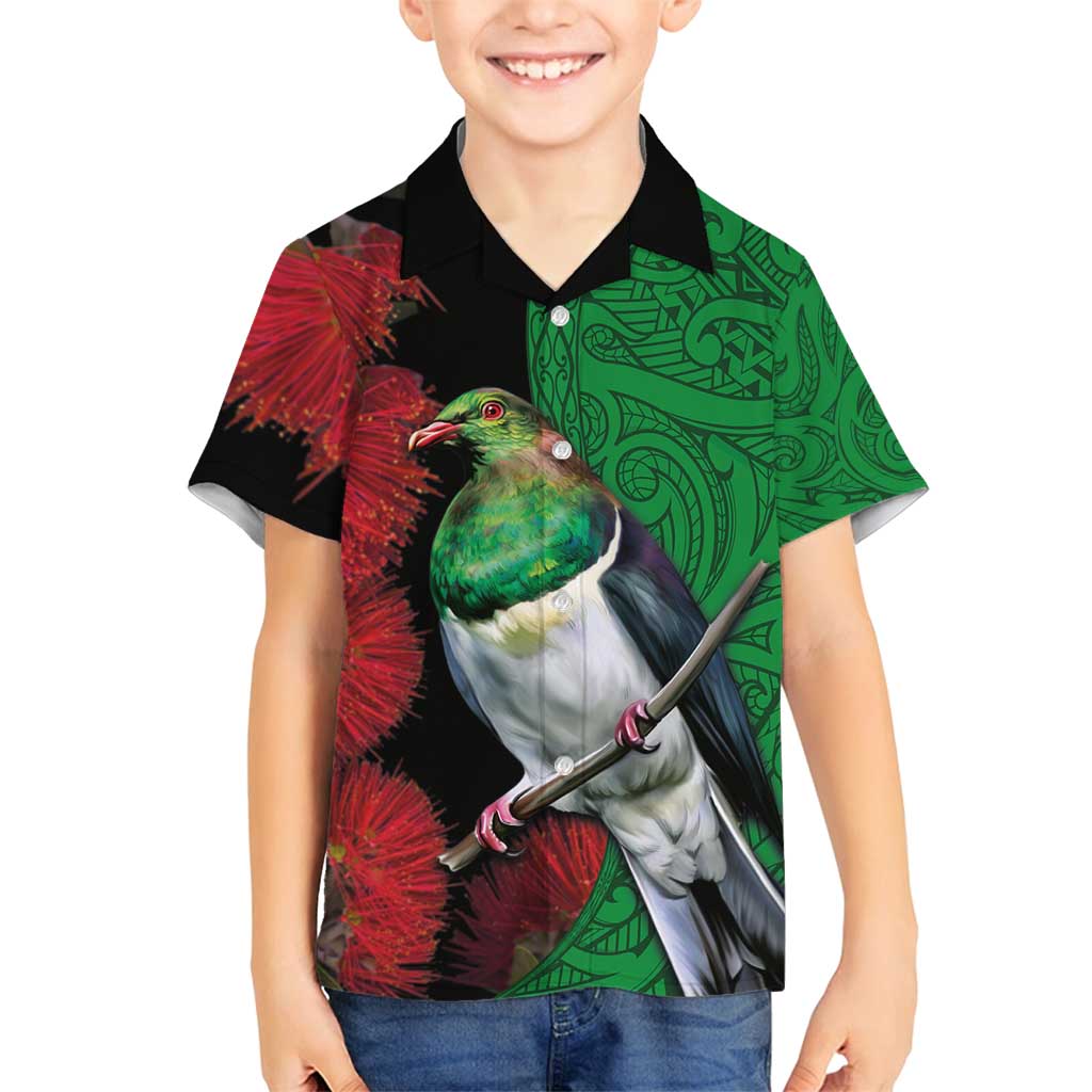 New Zealand Kereru And Pohutukawa Family Matching Off Shoulder Maxi Dress and Hawaiian Shirt Maori Tribal Tattoo LT03 Son's Shirt Black - Polynesian Pride