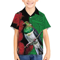 New Zealand Kereru And Pohutukawa Family Matching Off Shoulder Maxi Dress and Hawaiian Shirt Maori Tribal Tattoo LT03 Son's Shirt Black - Polynesian Pride