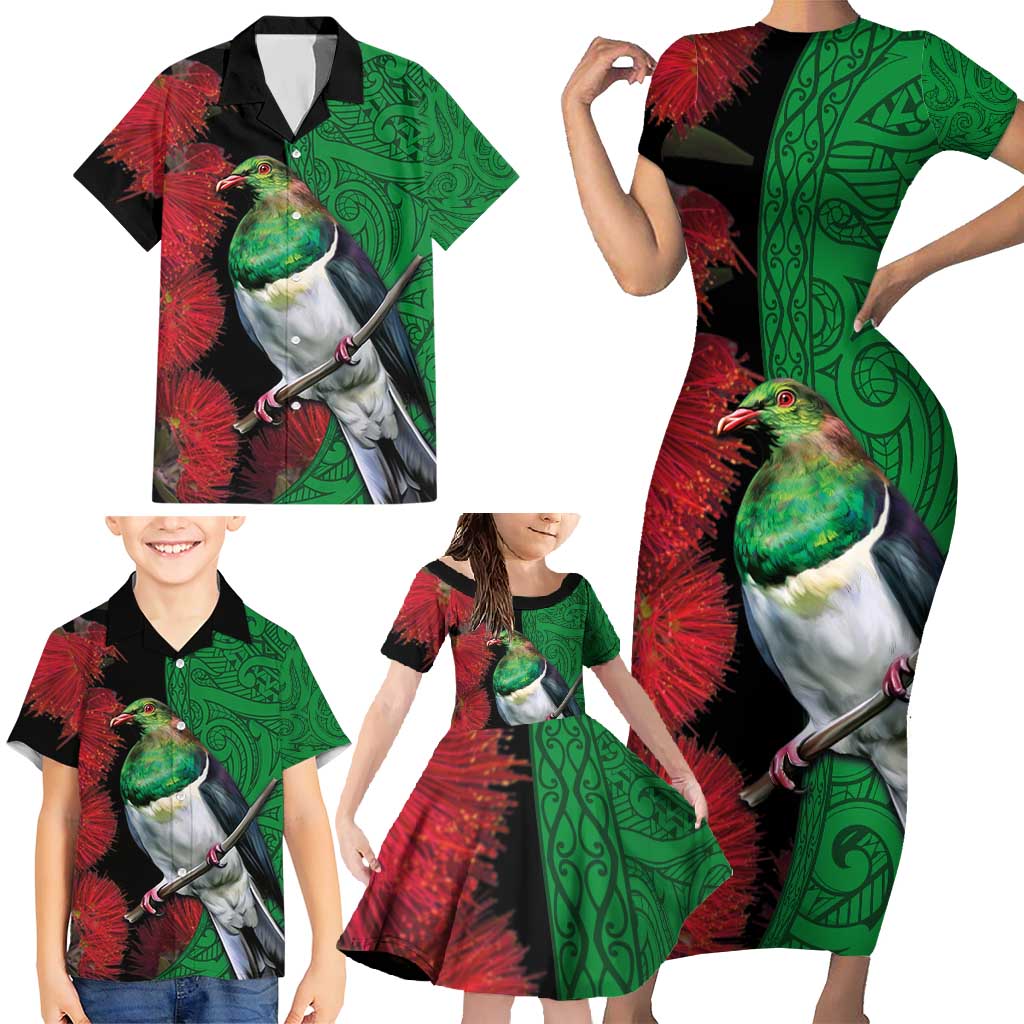 New Zealand Kereru And Pohutukawa Family Matching Short Sleeve Bodycon Dress and Hawaiian Shirt Maori Tribal Tattoo