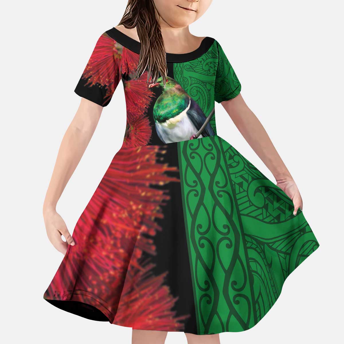 New Zealand Kereru And Pohutukawa Kid Short Sleeve Dress Maori Tribal Tattoo