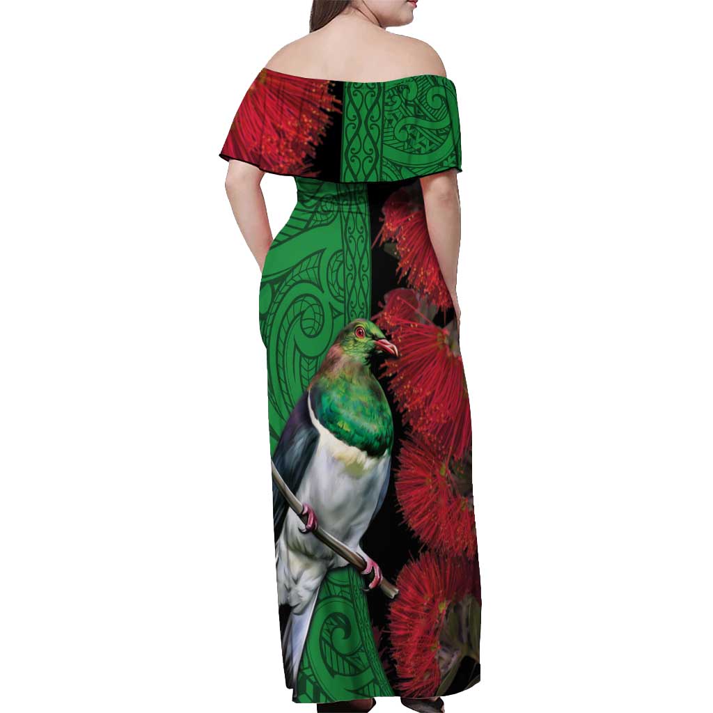 New Zealand Kereru And Pohutukawa Off Shoulder Maxi Dress Maori Tribal Tattoo