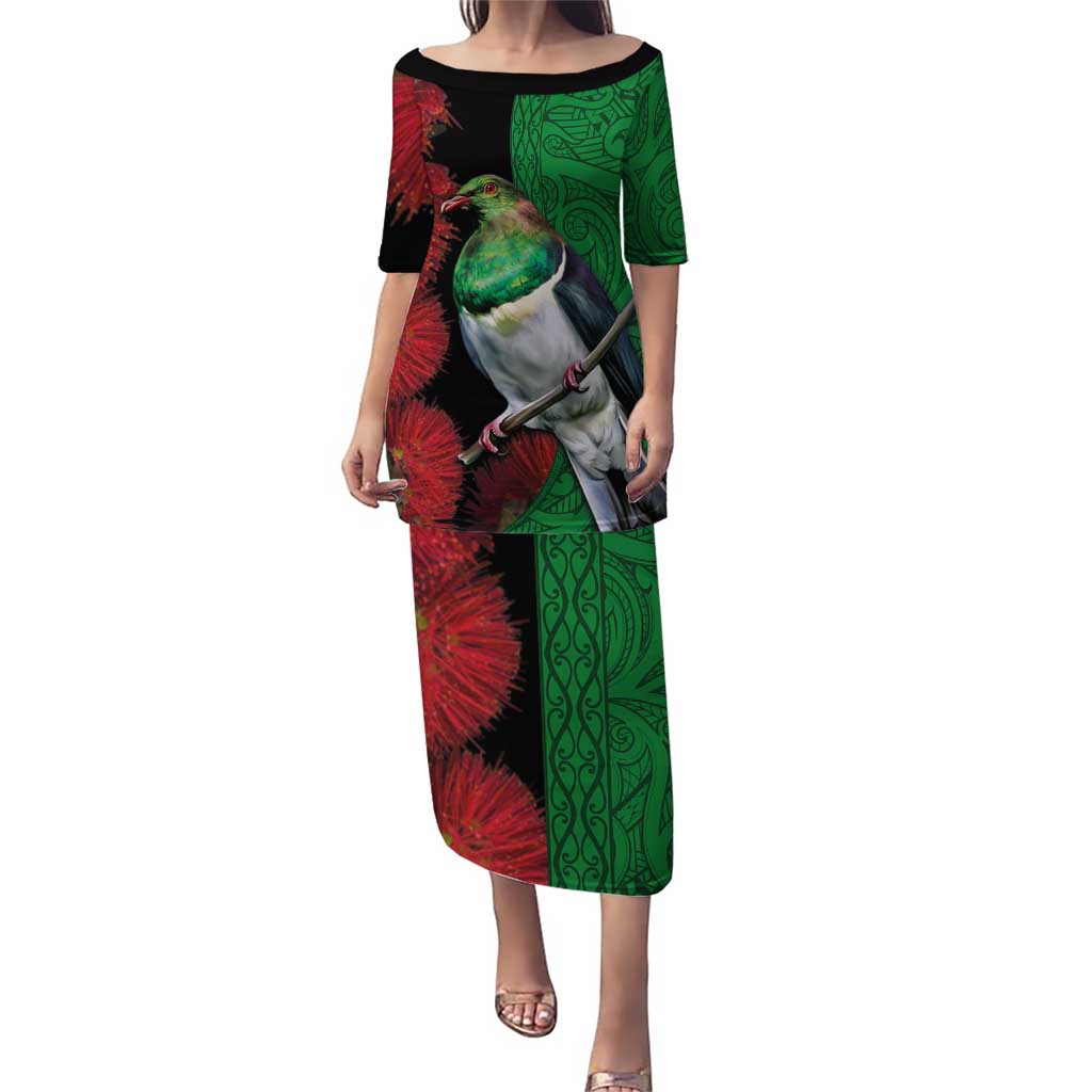 New Zealand Kereru And Pohutukawa Puletasi Maori Tribal Tattoo LT03 Long Dress Black - Polynesian Pride