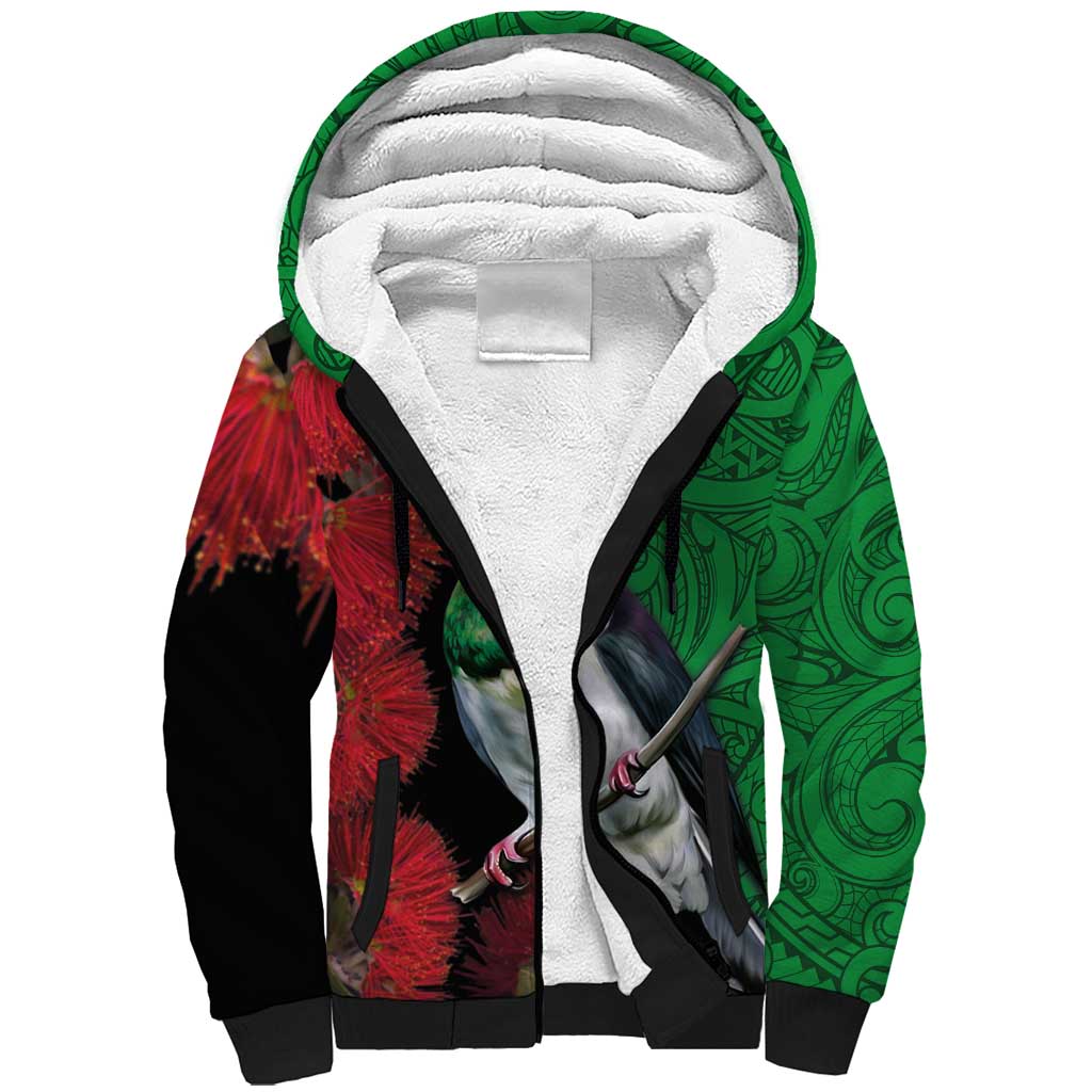 New Zealand Kereru And Pohutukawa Sherpa Hoodie Maori Tribal Tattoo