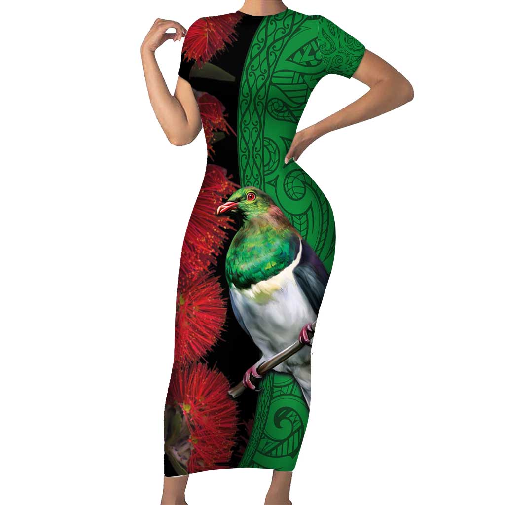 New Zealand Kereru And Pohutukawa Short Sleeve Bodycon Dress Maori Tribal Tattoo