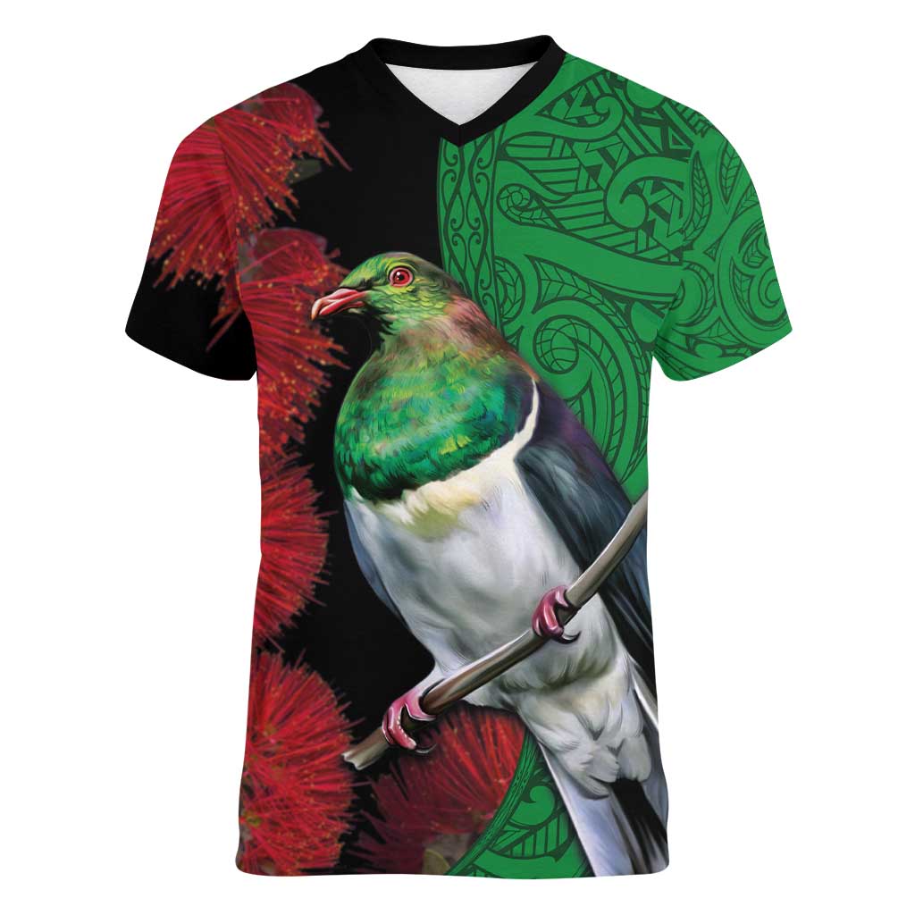 New Zealand Kereru And Pohutukawa Women V-Neck T-Shirt Maori Tribal Tattoo