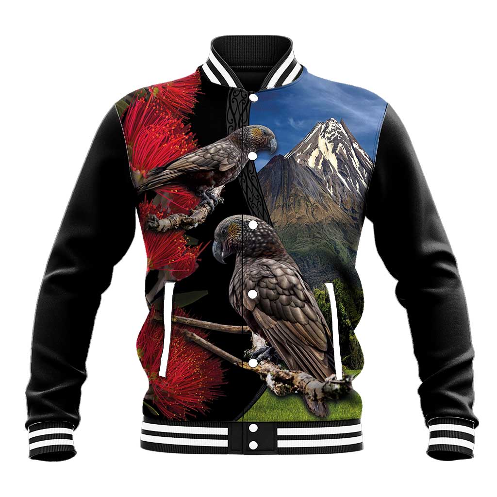 New Zealand Kea And Pohutukawa Baseball Jacket With The Mountain Landscape LT03 Unisex Black - Polynesian Pride