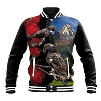 New Zealand Kea And Pohutukawa Baseball Jacket With The Mountain Landscape LT03 Unisex Black - Polynesian Pride