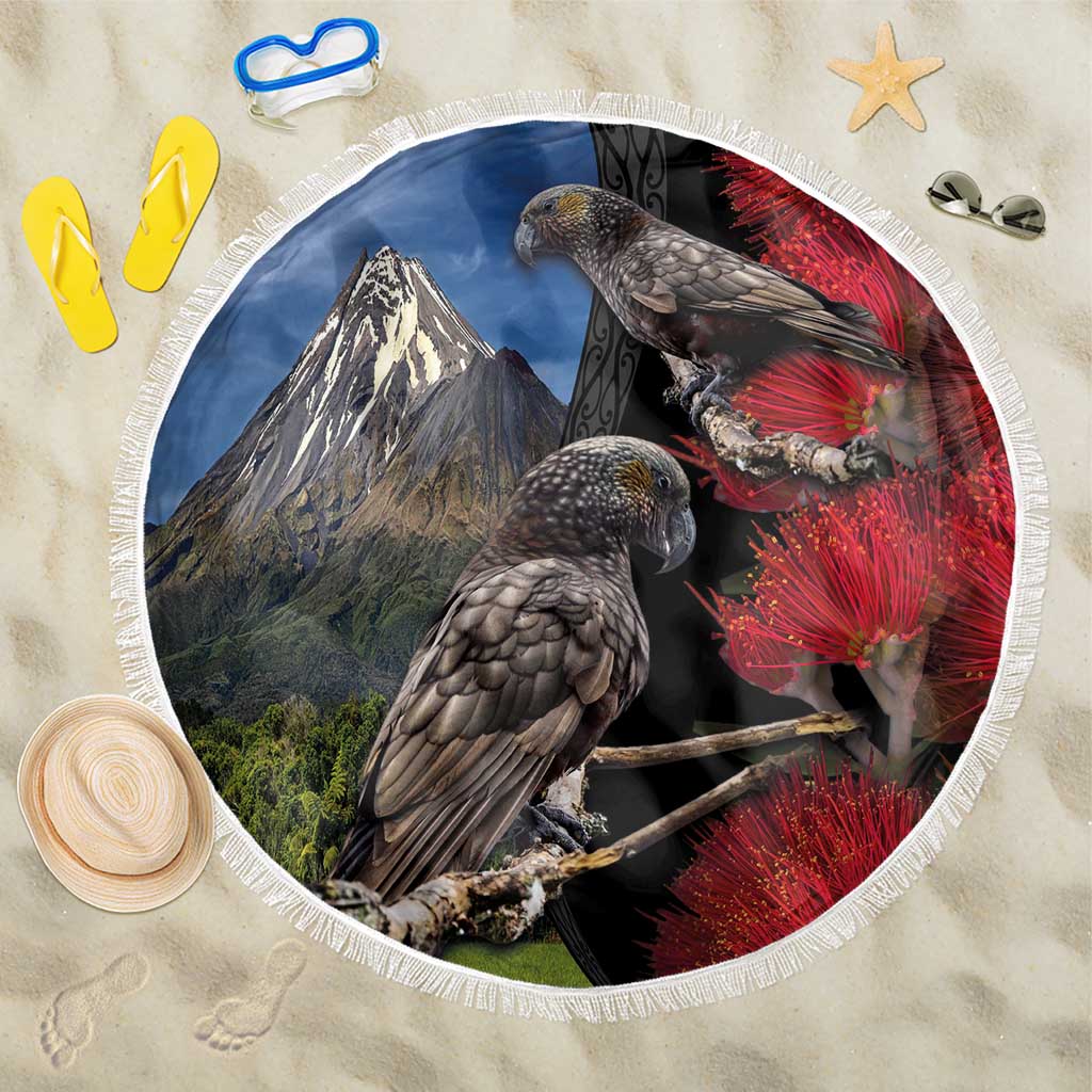 New Zealand Kea And Pohutukawa Beach Blanket With The Mountain Landscape LT03 One Size 150cm Black - Polynesian Pride