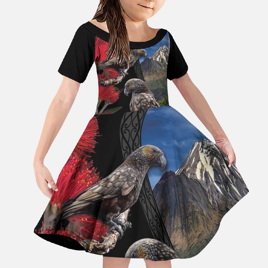 New Zealand Kea And Pohutukawa Family Matching Off Shoulder Maxi Dress and Hawaiian Shirt With The Mountain Landscape LT03 Daughter's Dress Black - Polynesian Pride