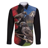 New Zealand Kea And Pohutukawa Family Matching Off Shoulder Maxi Dress and Hawaiian Shirt With The Mountain Landscape LT03 Dad's Shirt - Long Sleeve Black - Polynesian Pride