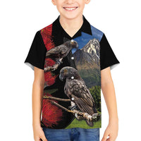 New Zealand Kea And Pohutukawa Family Matching Off Shoulder Maxi Dress and Hawaiian Shirt With The Mountain Landscape LT03 Son's Shirt Black - Polynesian Pride
